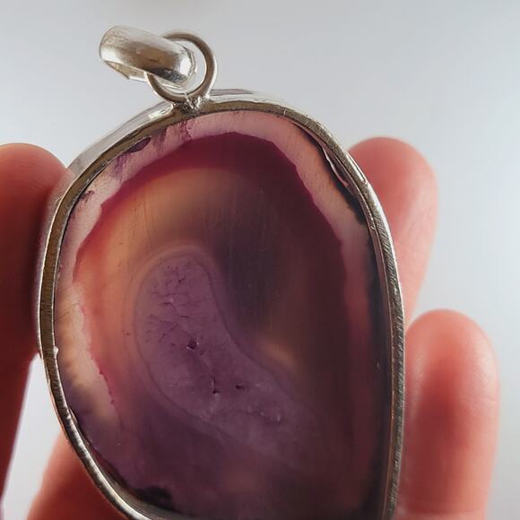 Purple Agate Geode Pendant 2.25" Polished Slice Necklace in Silver Bezel - Picture 8 of 10